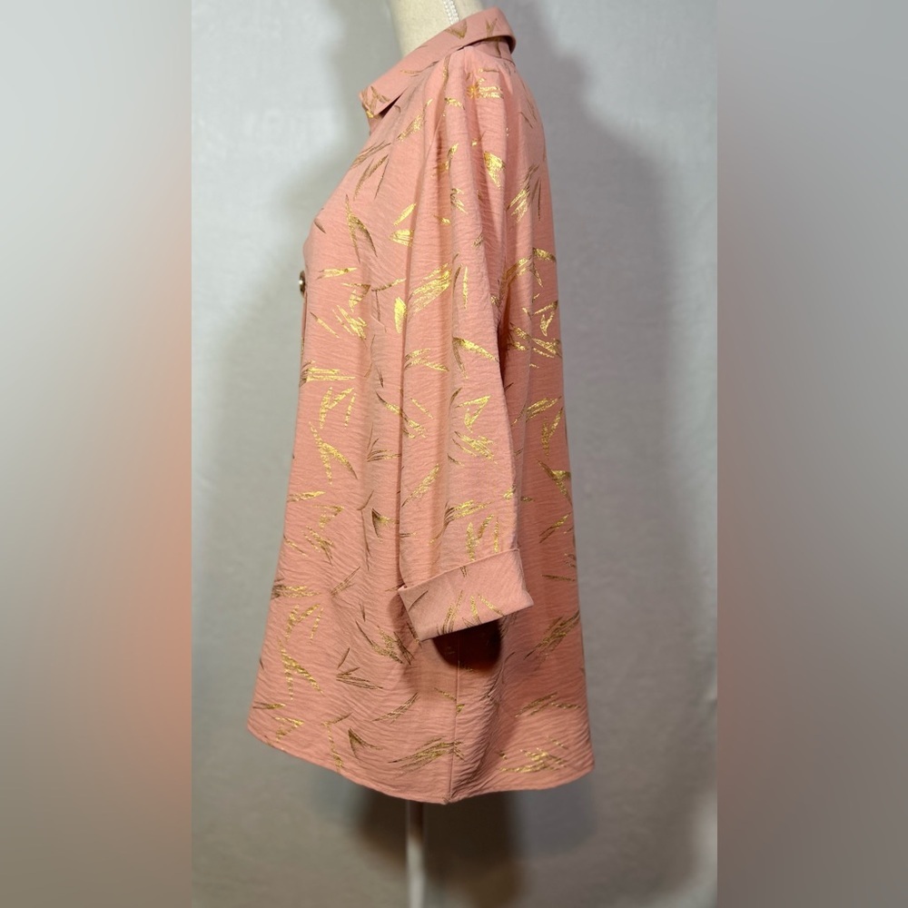 Olivia & Martin 1X Peach V-Neck Tunic Gold Foil Popover Cuff Sleeve Women Top - Picture 3 of 7